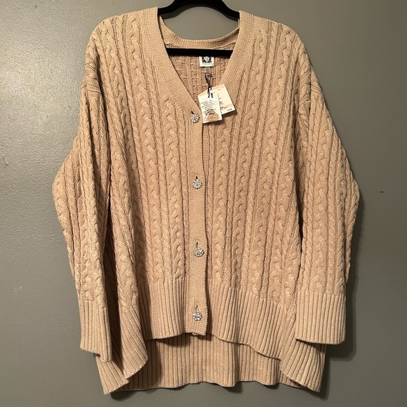 NWT Anne Klein Latte Heather Crystal Button Oversized Cardigan 2X - Picture 1 of 11